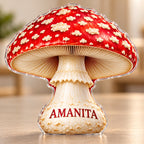 Front-view digital preview of a scarlet and ivory amanita mushroom subject-shaped acrylic plaque with AMANITA printed on its lowest stem surface