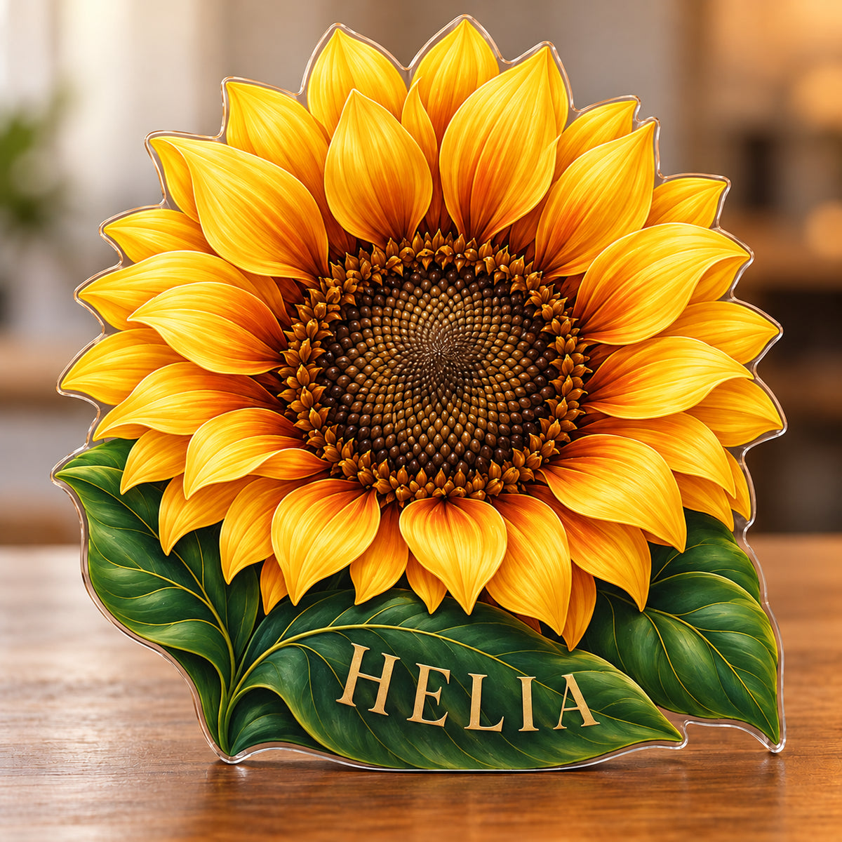 Digital preview of a golden-amber sunflower subject-shaped acrylic plaque with HELIA on its lowest illustrated green leaf