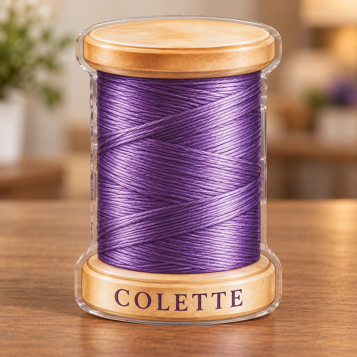 Digital preview of an amethyst sewing-spool-shaped acrylic plaque with COLETTE on its lower illustrated spool rim