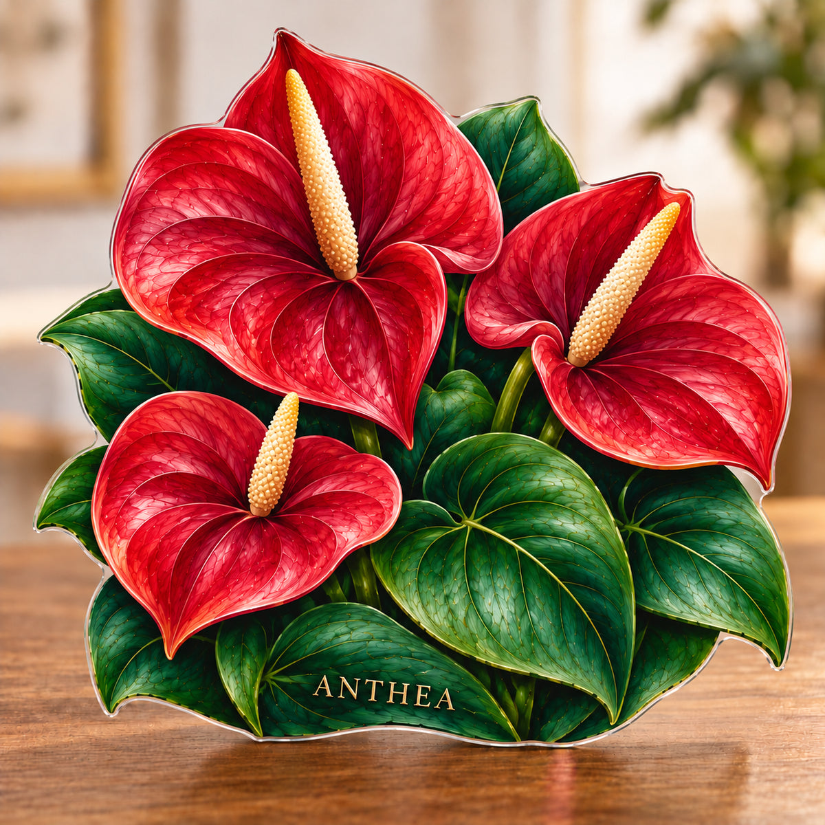 Digital preview of an anthurium-shaped acrylic plaque with ANTHEA integrated along the lowest illustrated emerald leaf