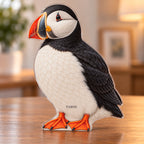 Digital preview of an Atlantic-puffin-shaped acrylic plaque with FAROE integrated along its lowest illustrated belly-feather curve