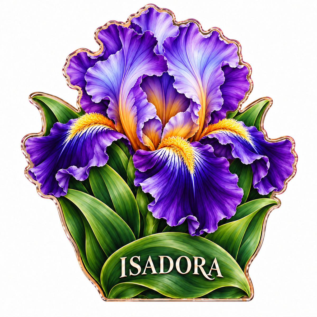 Front-view digital preview of a violet bearded iris subject-shaped acrylic plaque with ISADORA printed on its lowest intrinsic green leaf