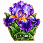Front-view digital preview of a violet bearded iris subject-shaped acrylic plaque with ISADORA printed on its lowest intrinsic green leaf