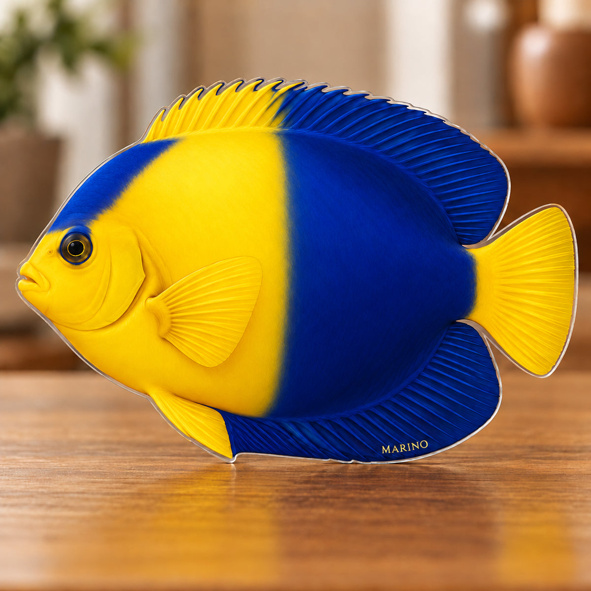 Digital preview of a bicolor angelfish-shaped acrylic plaque with MARINO integrated along its lowest illustrated blue fin