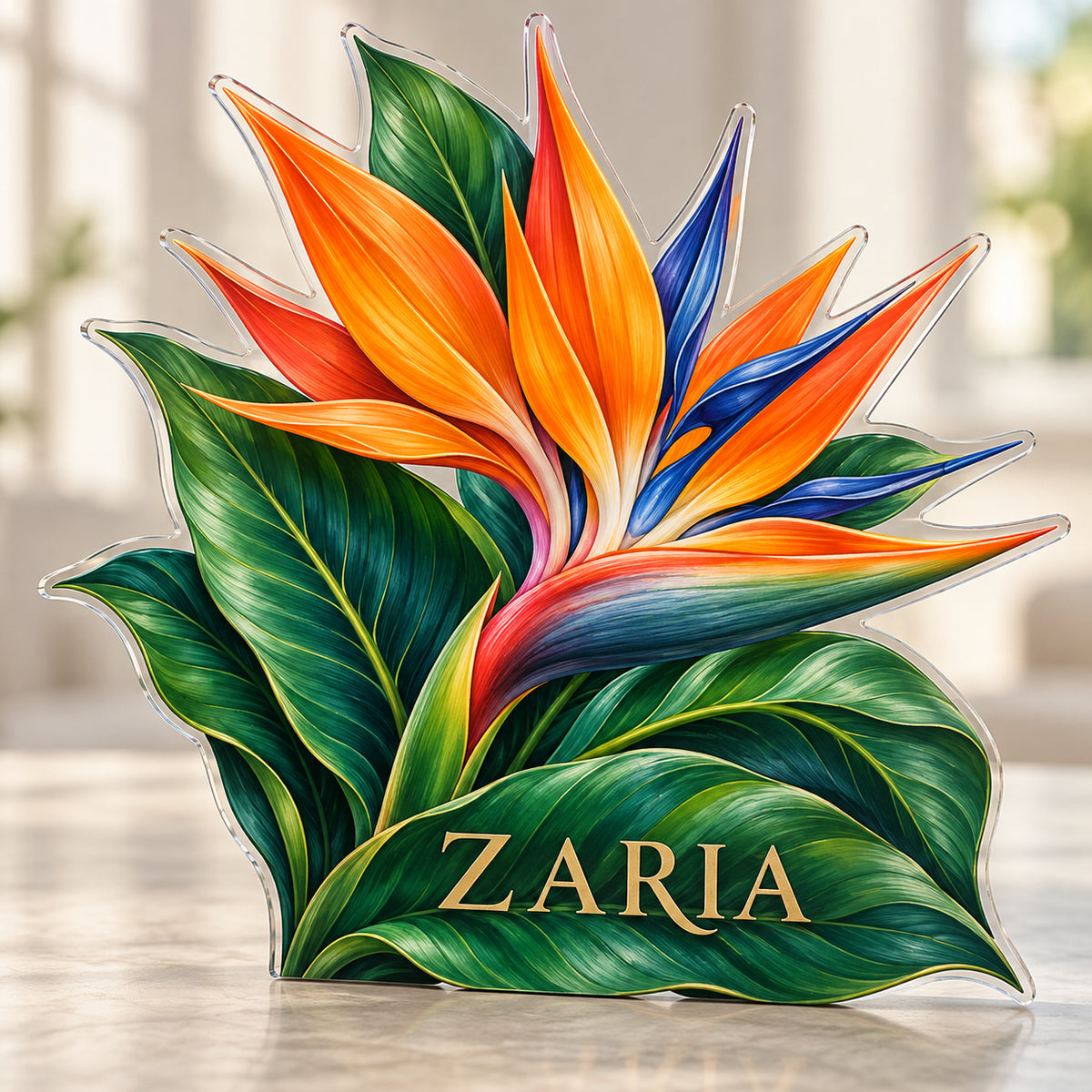 Digital preview of a bird of paradise flower subject-shaped acrylic plaque with ZARIA on its lowest illustrated leaf