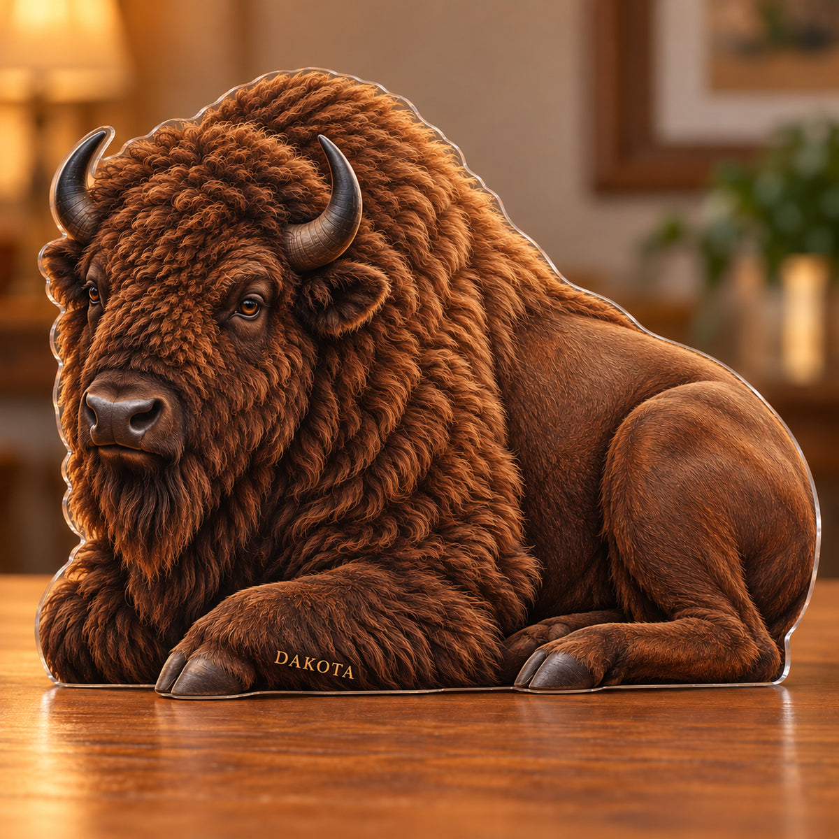Digital preview of a resting-bison-shaped acrylic plaque with DAKOTA integrated along its lowest illustrated foreleg detail