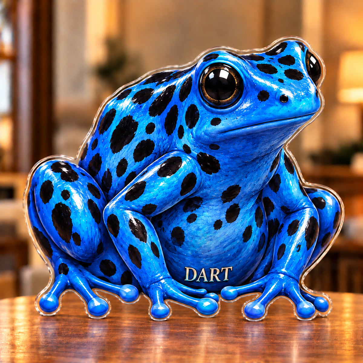 Front-view digital preview of a cobalt dart frog subject-shaped acrylic plaque with DART printed on its lowest intrinsic blue belly surface