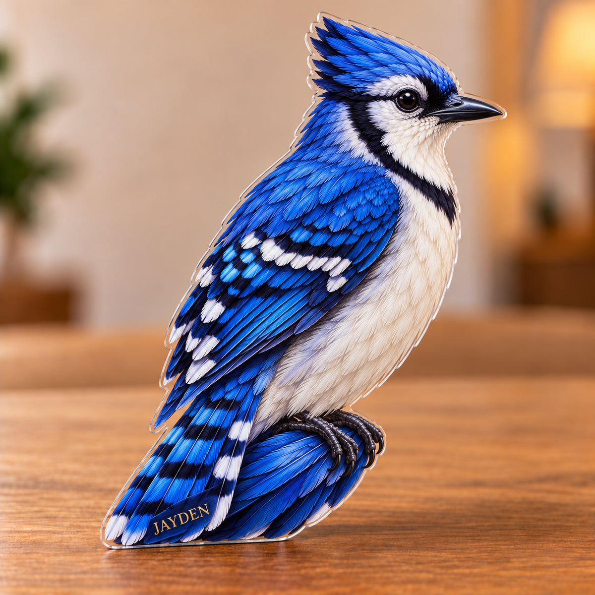Digital preview of a blue-jay-shaped acrylic plaque with JAYDEN integrated along the lowest illustrated blue tail feather