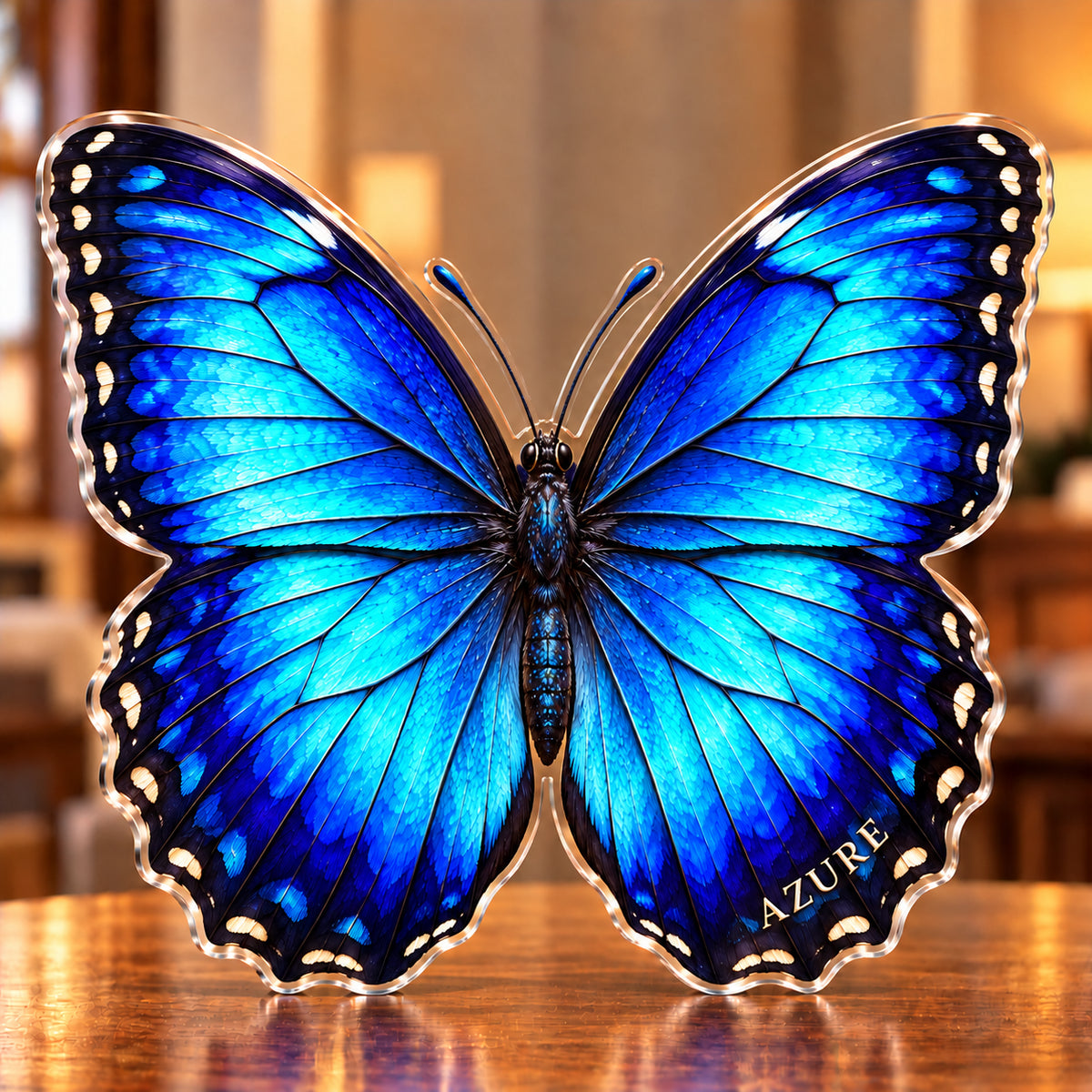 Front-view digital preview of a cobalt blue Morpho butterfly subject-shaped acrylic plaque with AZURE printed on its lowest wing margin