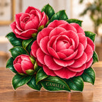 Digital preview of a camellia-shaped acrylic plaque with CAMILLE integrated along its lowest illustrated emerald leaf