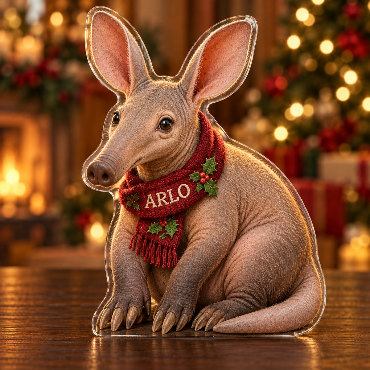 Front-view digital preview of a Christmas aardvark acrylic plaque with example name ARLO integrated into the scarf name panel