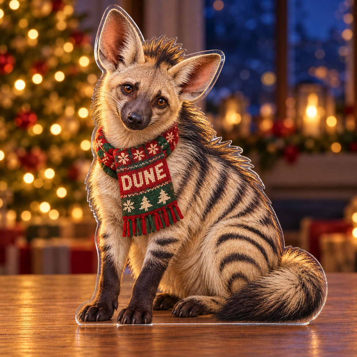 Front-view digital preview of a Christmas aardwolf acrylic plaque with example name DUNE integrated into the festive scarf front