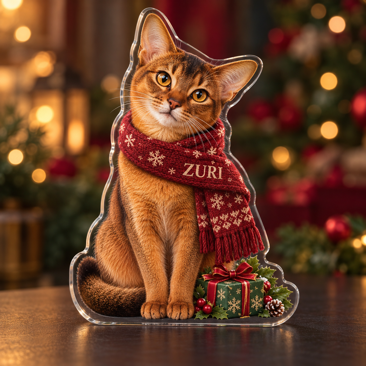 Front-view digital preview of a Christmas abyssinian cat scarf acrylic plaque with ZURI integrated into the illustrated scarf fold