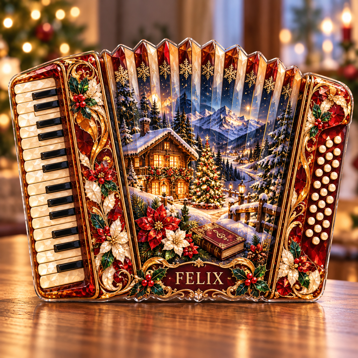 Front-view digital preview of a Christmas accordion amber chalet acrylic plaque with example name Felix integrated into the lower accordion floral detail