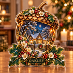 Front-view digital preview of a Christmas acorn amber oakgarden acrylic plaque with example name Oakley integrated into the lower acorn leaf detail