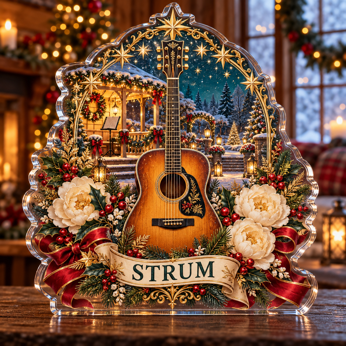 Personalized Christmas Acoustic Guitar Peony custom shape acrylic plaque, STRUM sample name, frontal printed 3D-look preview