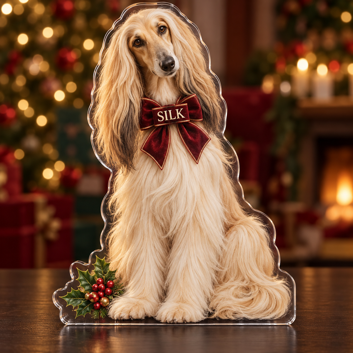 Front-view digital preview of a Christmas afghan hound bow acrylic plaque with SILK integrated into the illustrated collar bow band