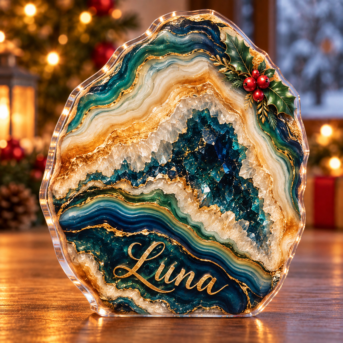 Front-view digital preview of a Christmas agate layered glow acrylic plaque with example name Luna integrated into the the illustrated lower agate band name detail
