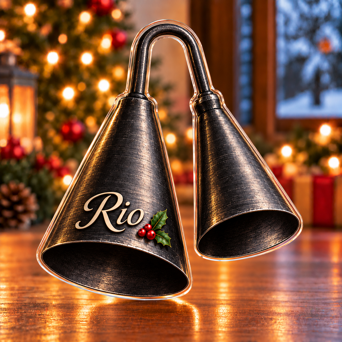 Front-view digital preview of a Christmas agogo bright rhythm acrylic plaque with example name Rio integrated into the larger bell face