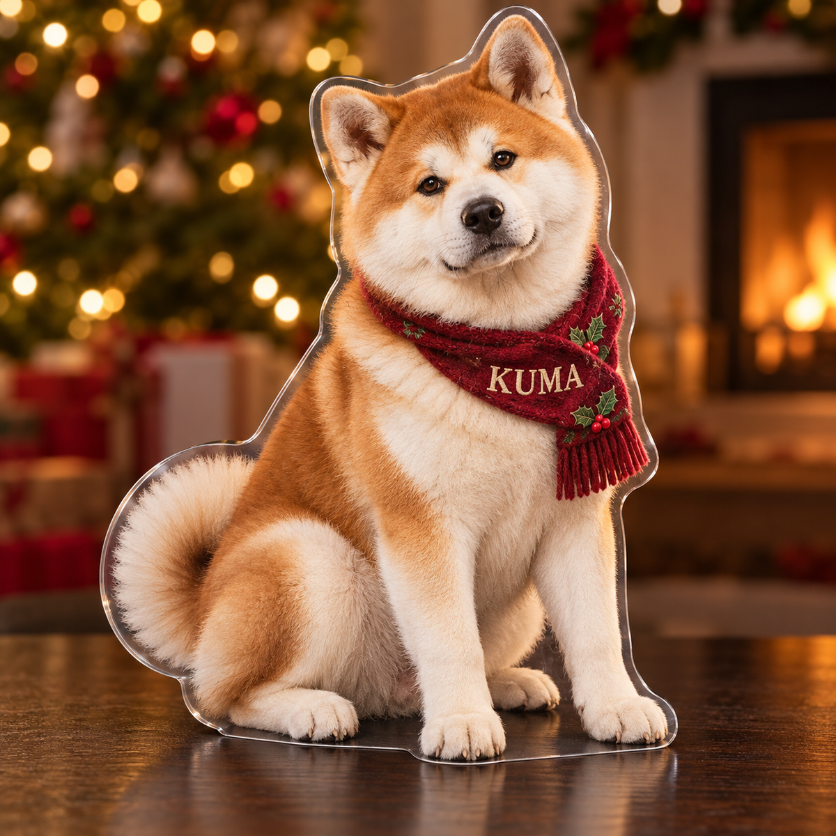 Front-view digital preview of a Christmas akita acrylic plaque with example name KUMA integrated into the scarf name panel