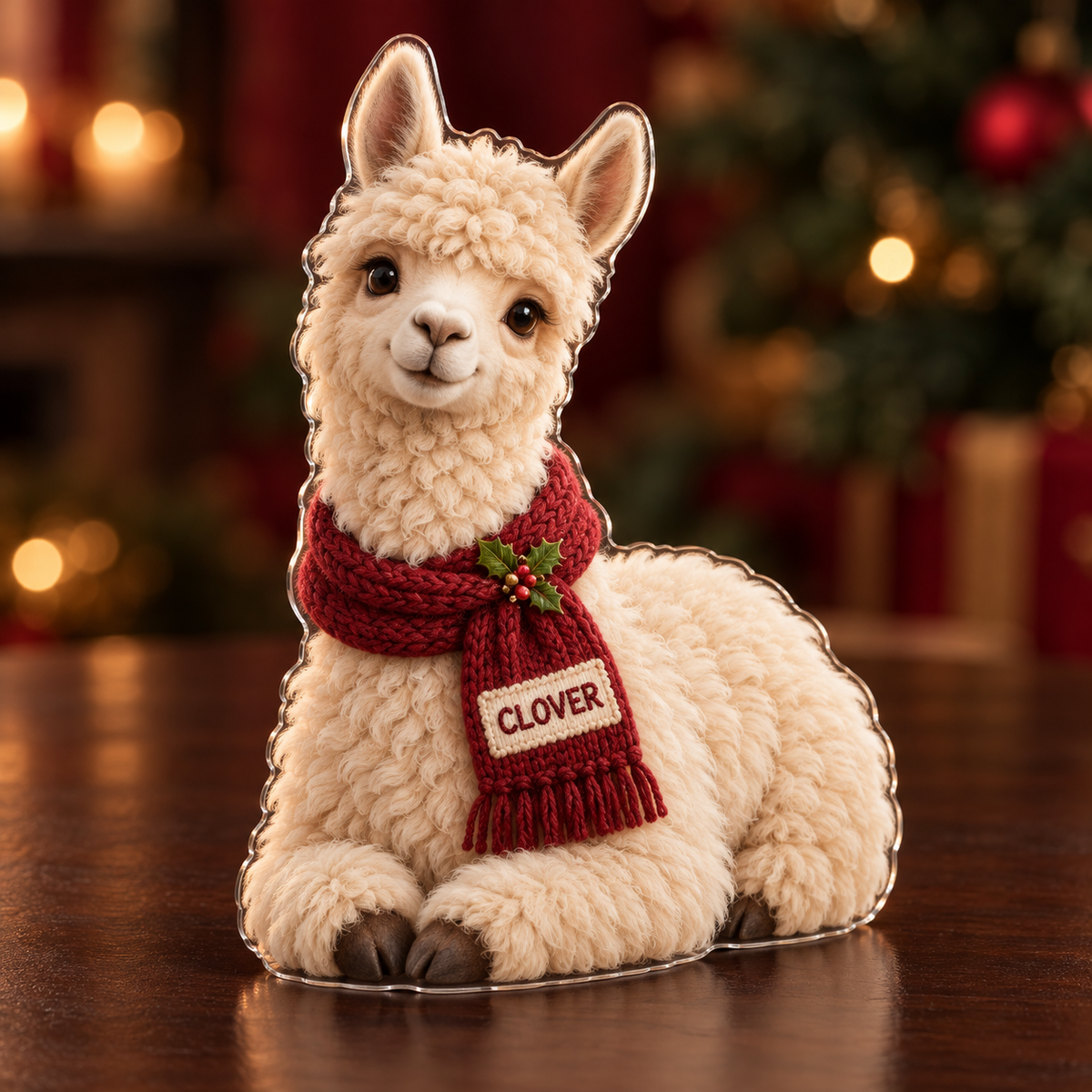 Front-view digital preview of a Christmas alpaca acrylic plaque with example name CLOVER integrated into the woven scarf patch