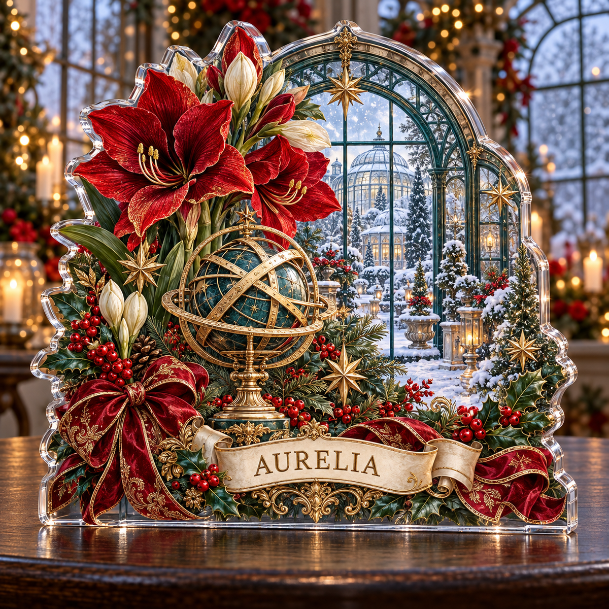 Front-view digital preview of a personalized Christmas amaryllis armillary glasshouse acrylic plaque with example name AURELIA