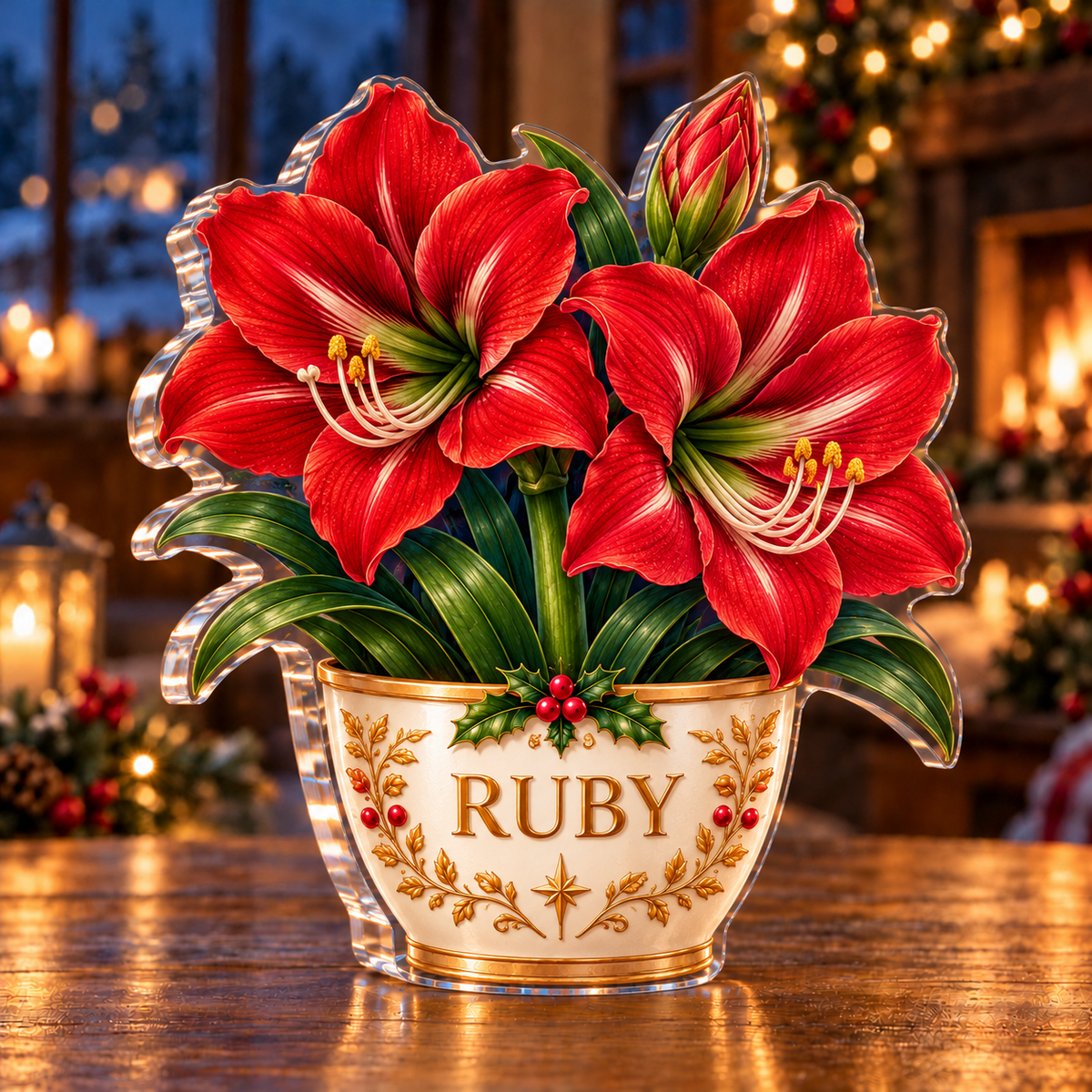 Front-view digital preview of a Christmas amaryllis pot acrylic plaque with example name RUBY integrated into the front panel of the illustrated floral pot