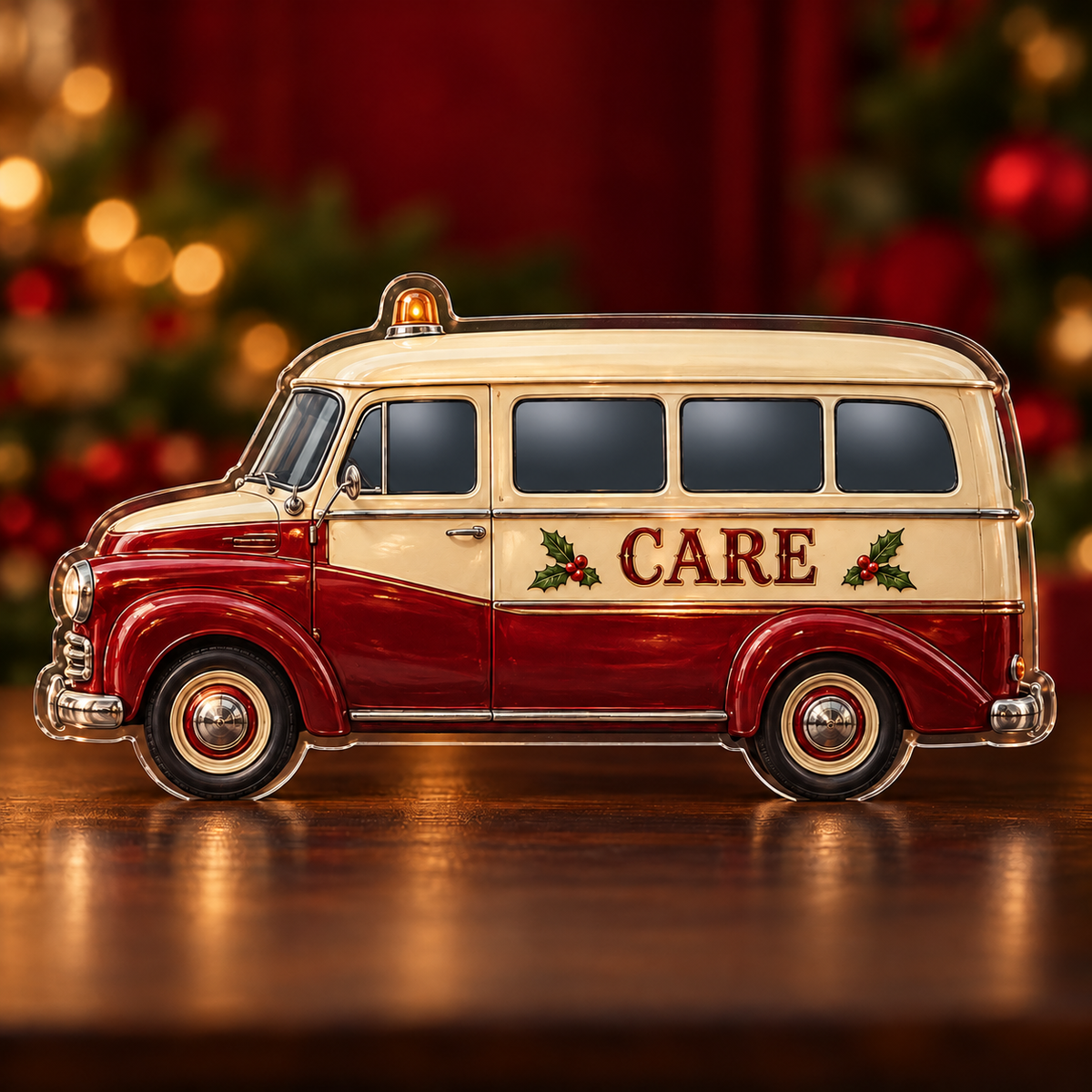 Front-view digital preview of a Christmas ambulance acrylic plaque with example name CARE integrated into the side body name inset