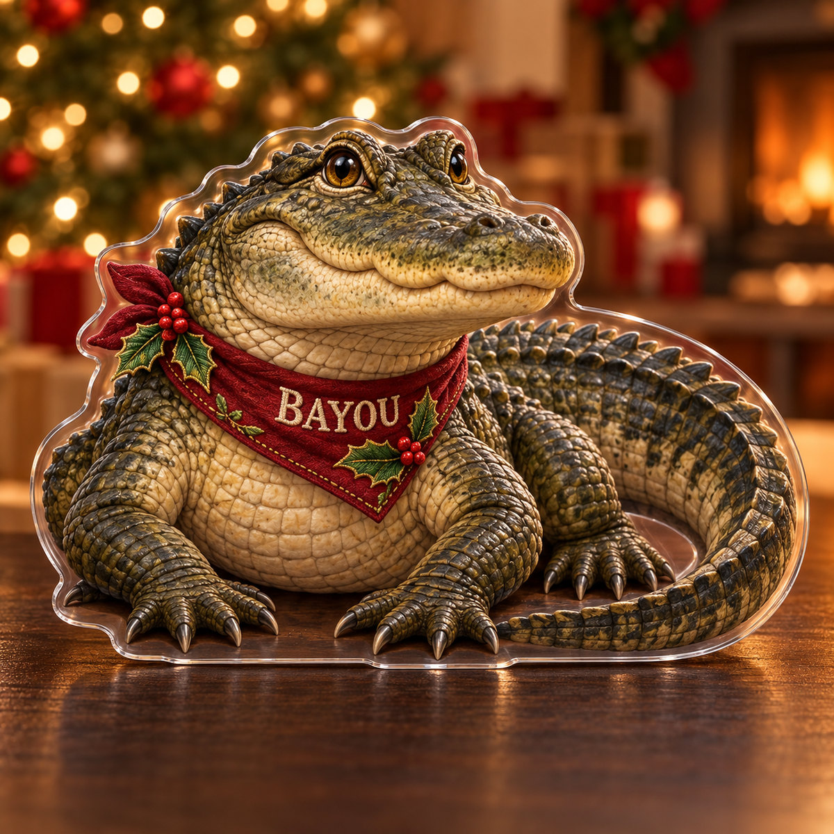 Front-view digital preview of a Christmas american alligator acrylic plaque with example name BAYOU integrated into the neck cloth name panel