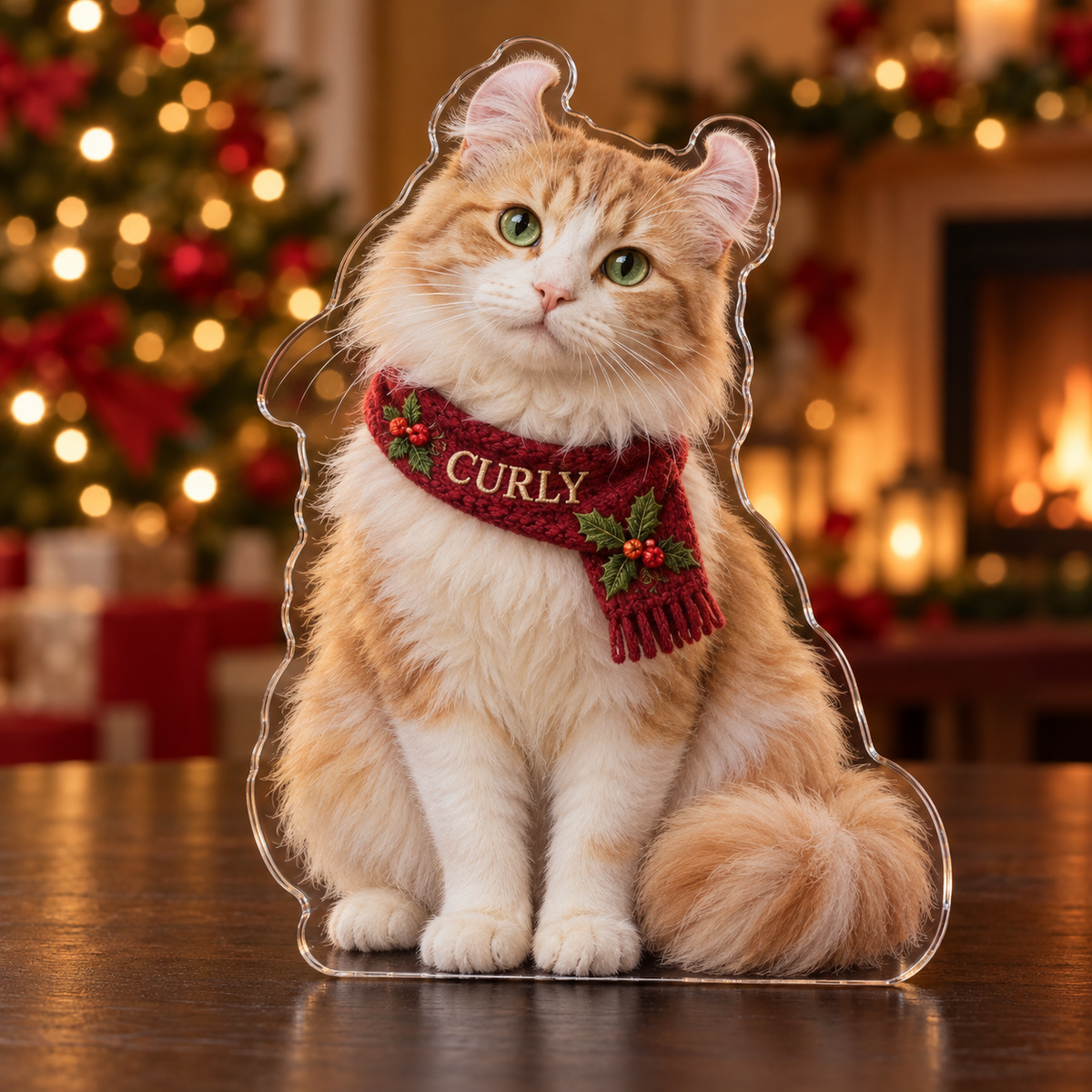 Front-view digital preview of a Christmas american curl acrylic plaque with example name CURLY integrated into the scarf name panel
