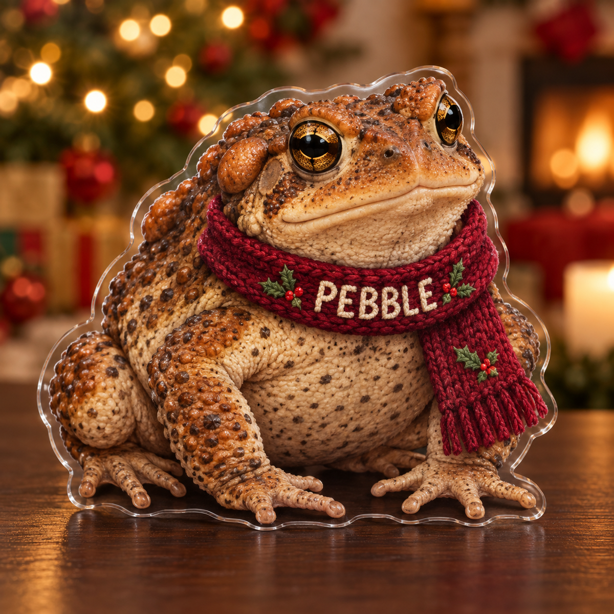 Front-view digital preview of a Christmas american toad acrylic plaque with example name PEBBLE integrated into the scarf name panel