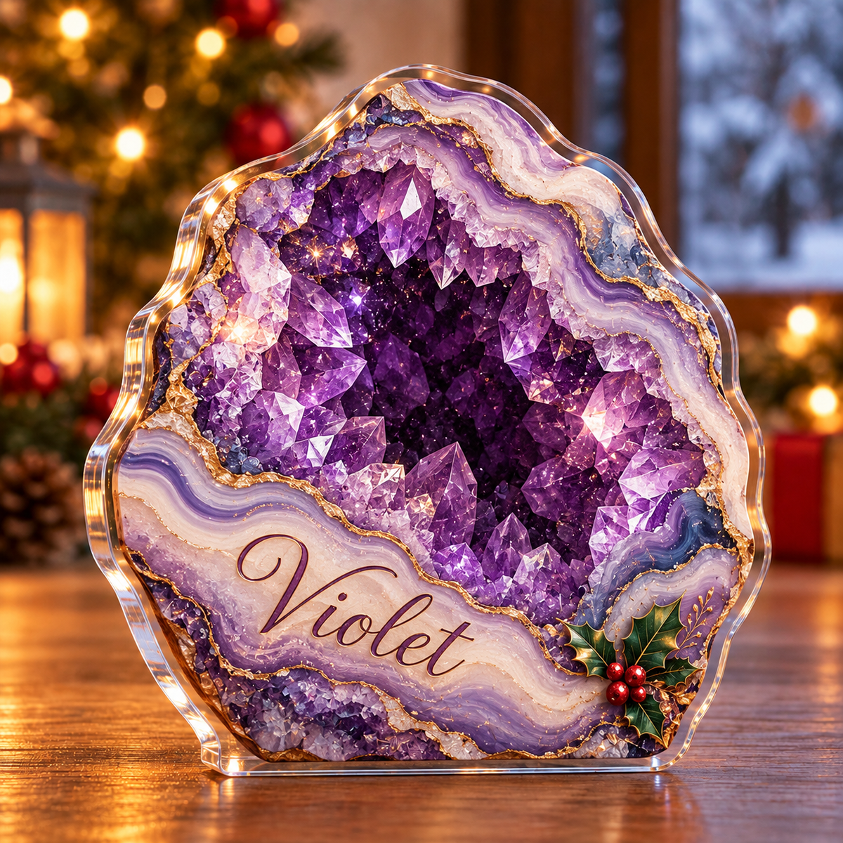 Front-view digital preview of a Christmas amethyst geode glow acrylic plaque with example name Violet integrated into the geode lower agate band name cartouche