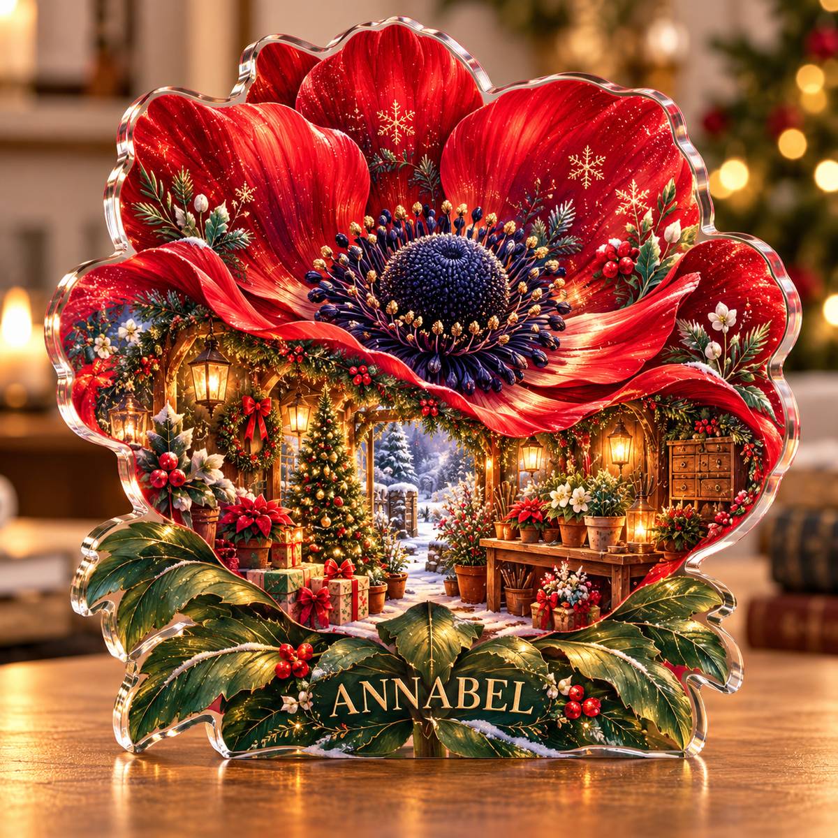 Front-view digital preview of a Christmas anemone ruby gardenroom acrylic plaque with example name ANNABEL integrated into the lower leaf facets