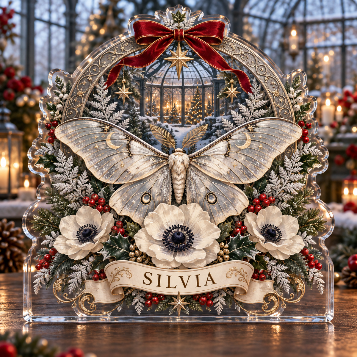 Front-view digital preview of a personalized Christmas anemone silver moth acrylic plaque with example name SILVIA