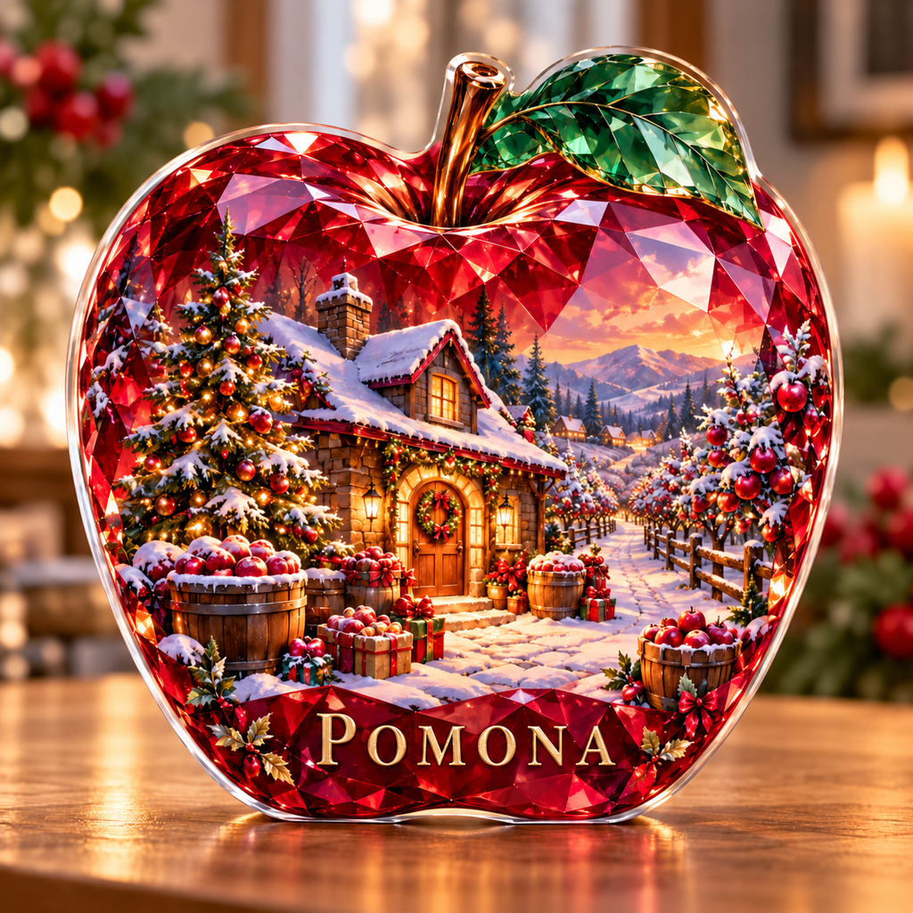 Front-view digital preview of a Christmas ruby apple acrylic plaque with example name POMONA integrated into the lowest apple surface facets