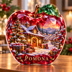 Front-view digital preview of a Christmas ruby apple acrylic plaque with example name POMONA integrated into the lowest apple surface facets