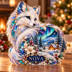 Front-view digital preview of a Christmas arctic fox opal aurora acrylic plaque with example name Nova integrated into the lower curled tail floral detail