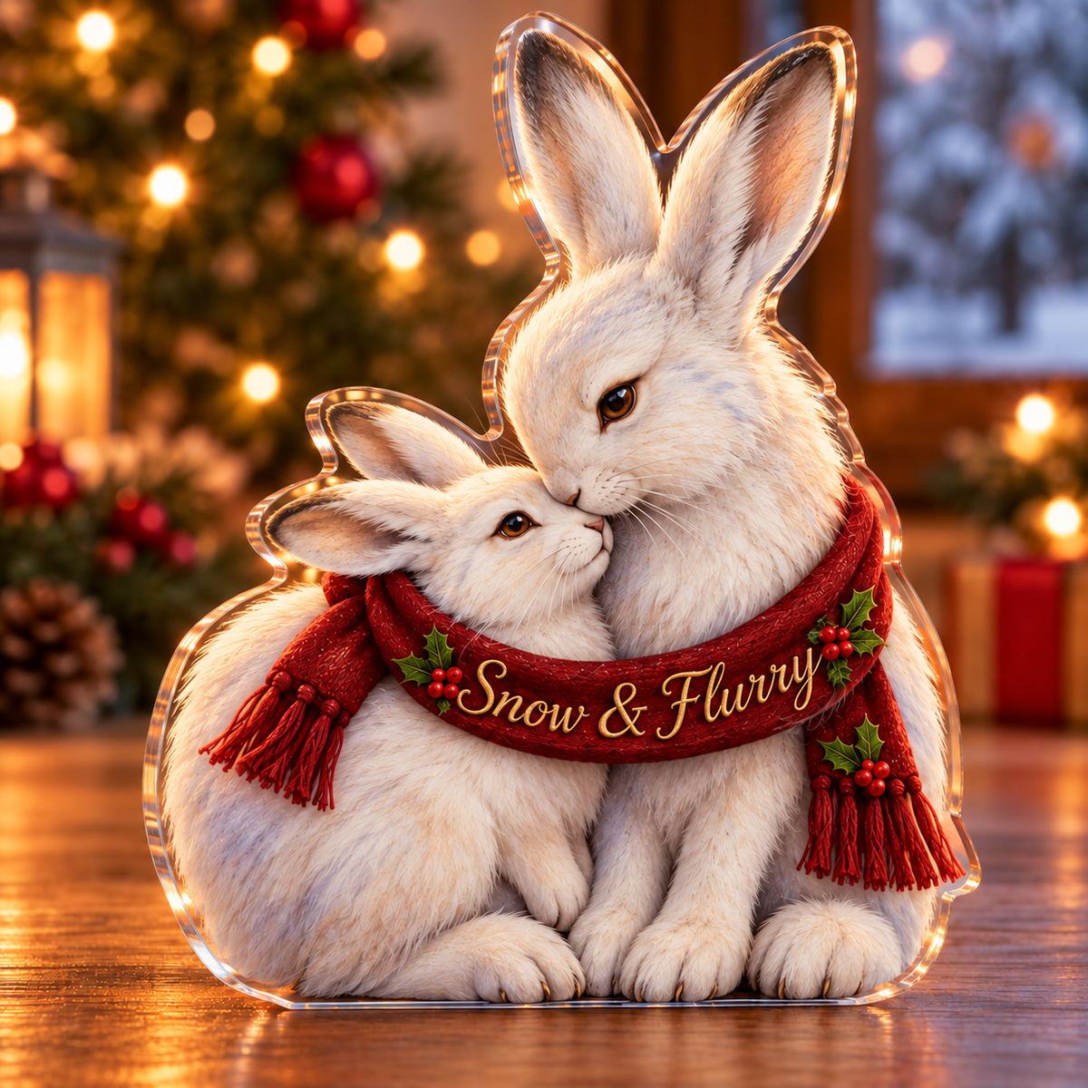 Front-view digital preview of a Christmas arctic hare family acrylic plaque with example name Snow & Flurry integrated into the the front Christmas scarf name panel