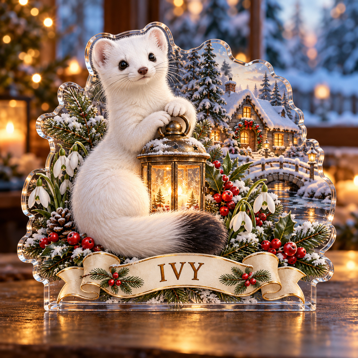 Front-view digital preview of a personalized Christmas Arctic stoat, lantern and snowy cottage acrylic plaque with example name IVY