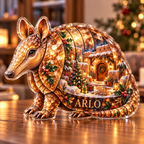 Front-view digital preview of a Christmas armadillo amber adobehouse acrylic plaque with example name ARLO integrated into the lower shell facets