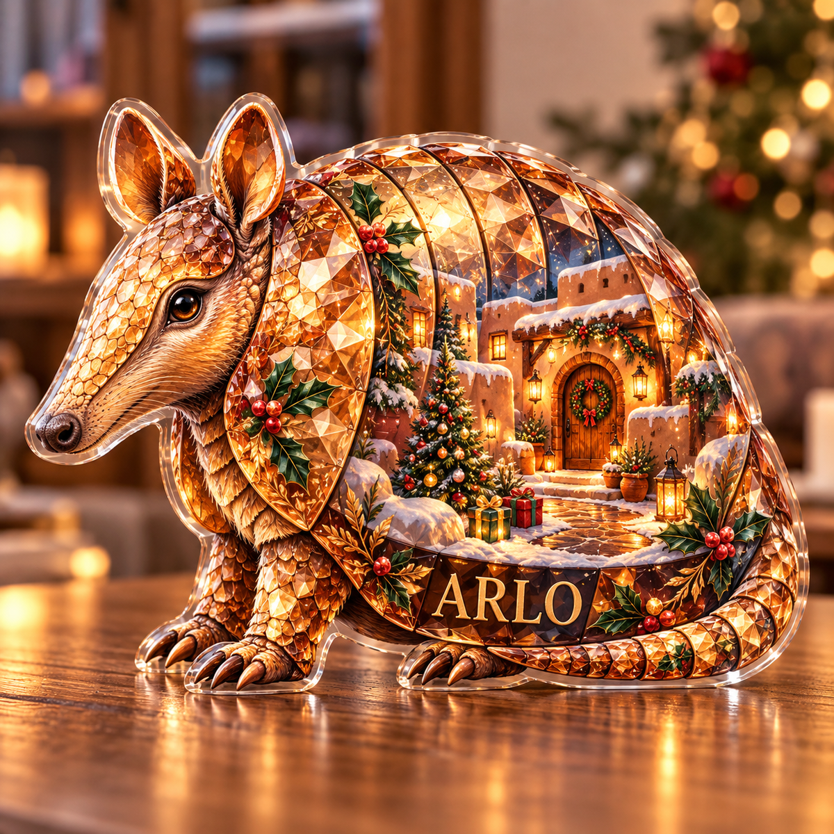 Front-view digital preview of a Christmas armadillo amber adobehouse acrylic plaque with example name ARLO integrated into the lower shell facets