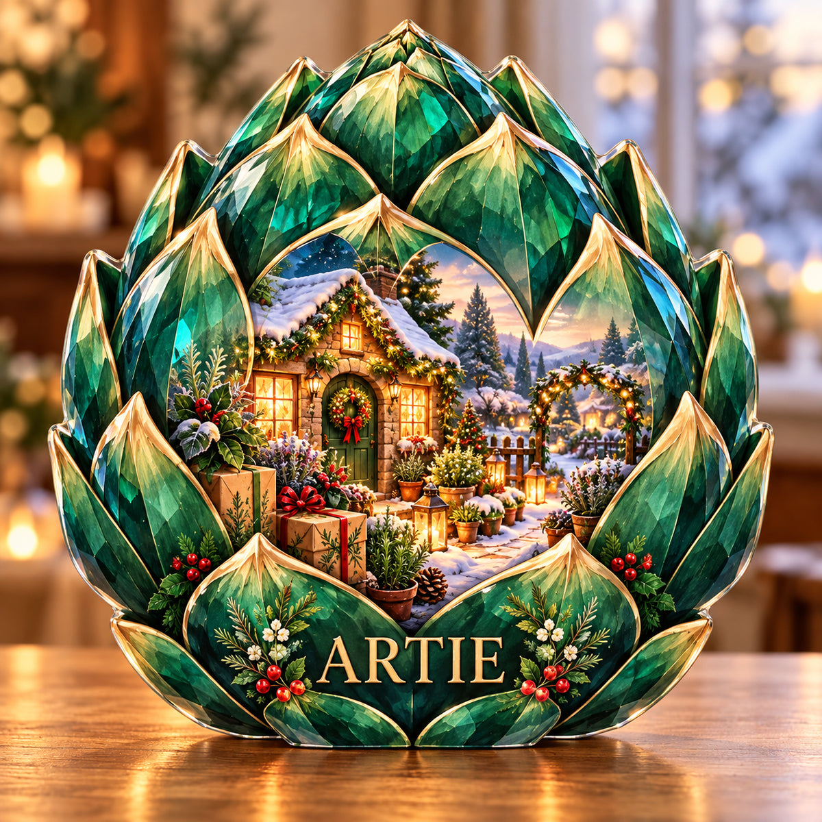 Front-view digital preview of a Christmas emerald artichoke acrylic plaque with example name ARTIE integrated into the lowest intrinsic artichoke bract facets