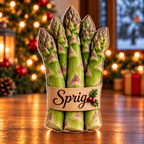 Front-view digital preview of a Christmas asparagus garden bundle acrylic plaque with example name Sprig integrated into the kraft sleeve