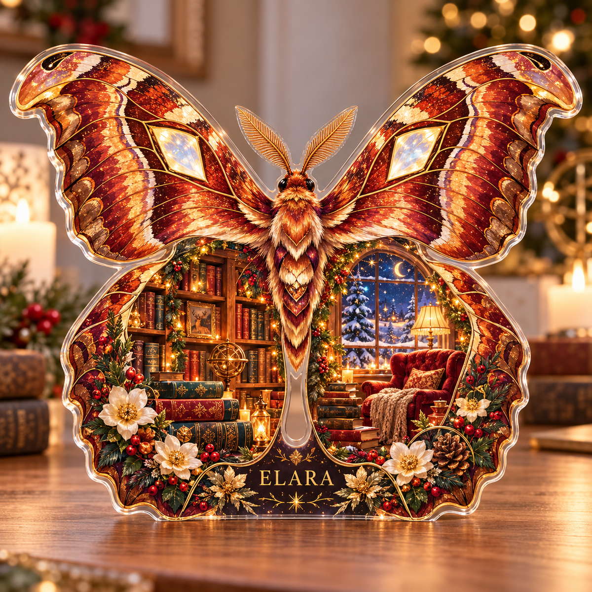 Front-view digital preview of a Christmas atlas moth amber library acrylic plaque with example name Elara integrated into the lower wing floral detail