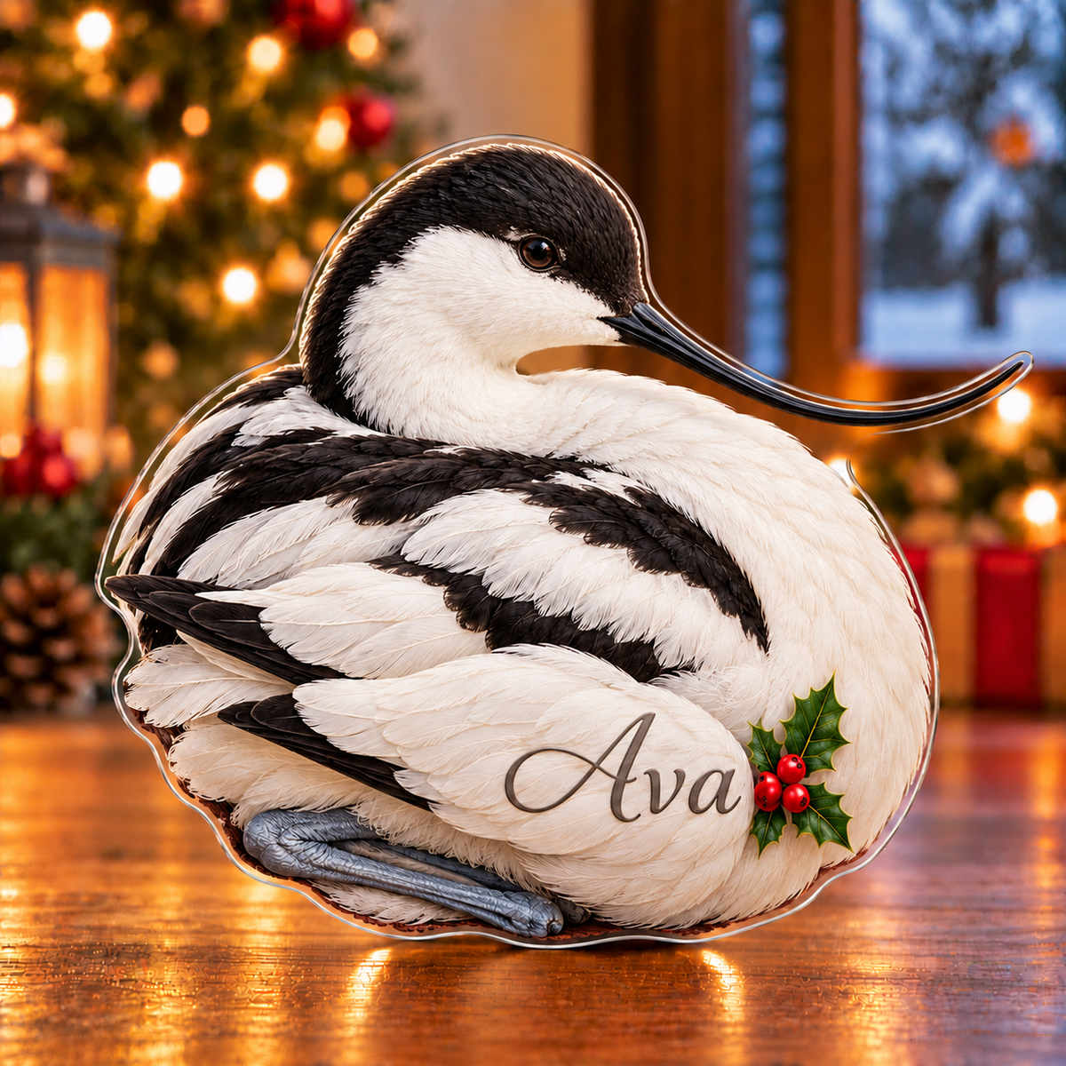 Front-view digital preview of a Christmas avocet quiet shore acrylic plaque with example name Ava integrated into the lower folded wing