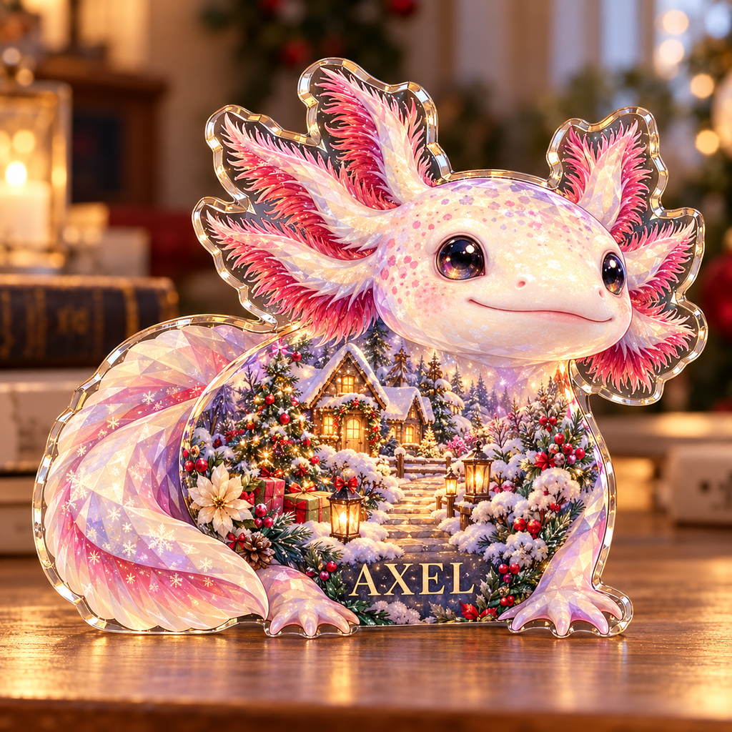 Front-view digital preview of a Christmas axolotl opal snowhaven acrylic plaque with example name AXEL integrated into the lower body facets