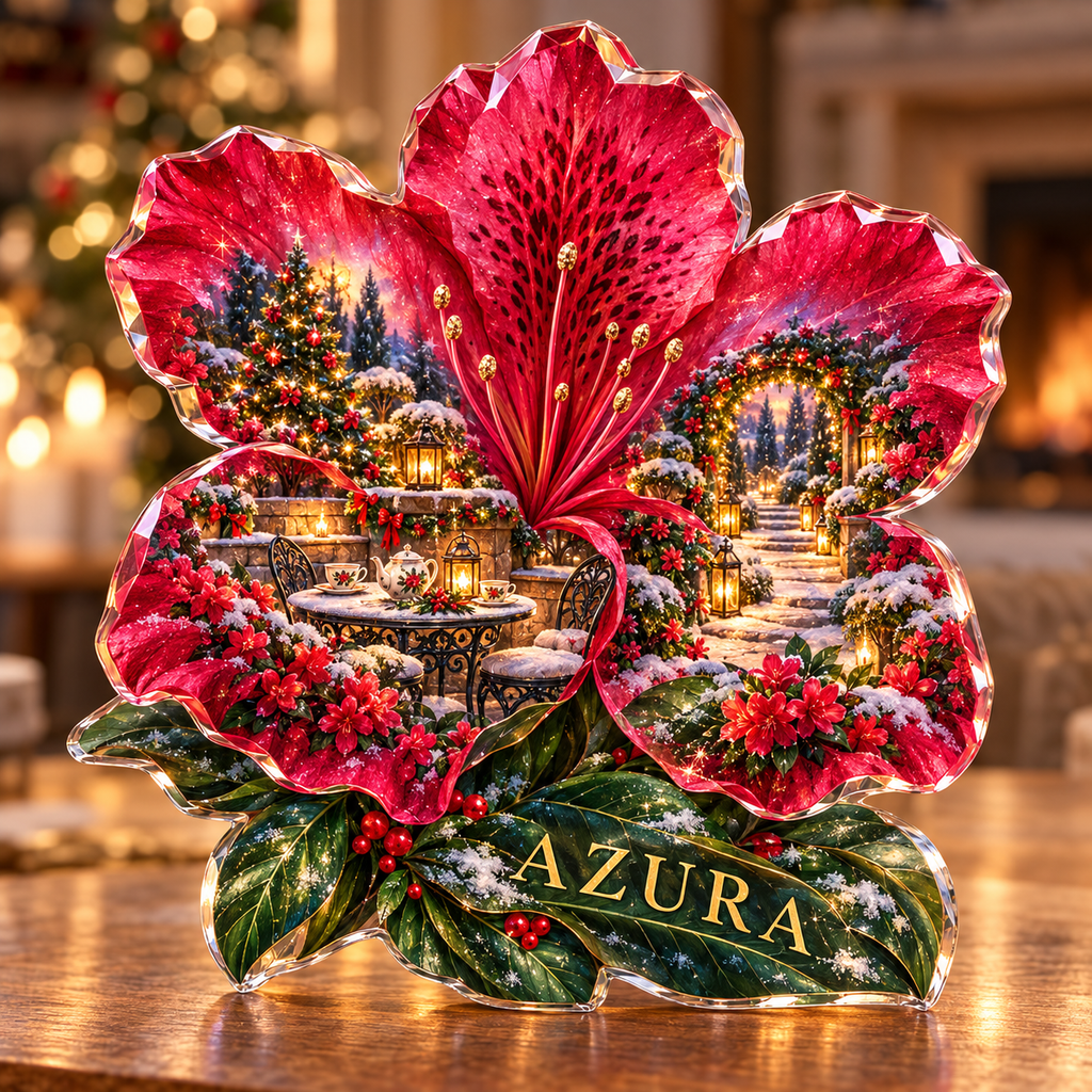 Front-view digital preview of a Christmas azalea ruby teagarden acrylic plaque with example name AZURA integrated into the lower leaf veins