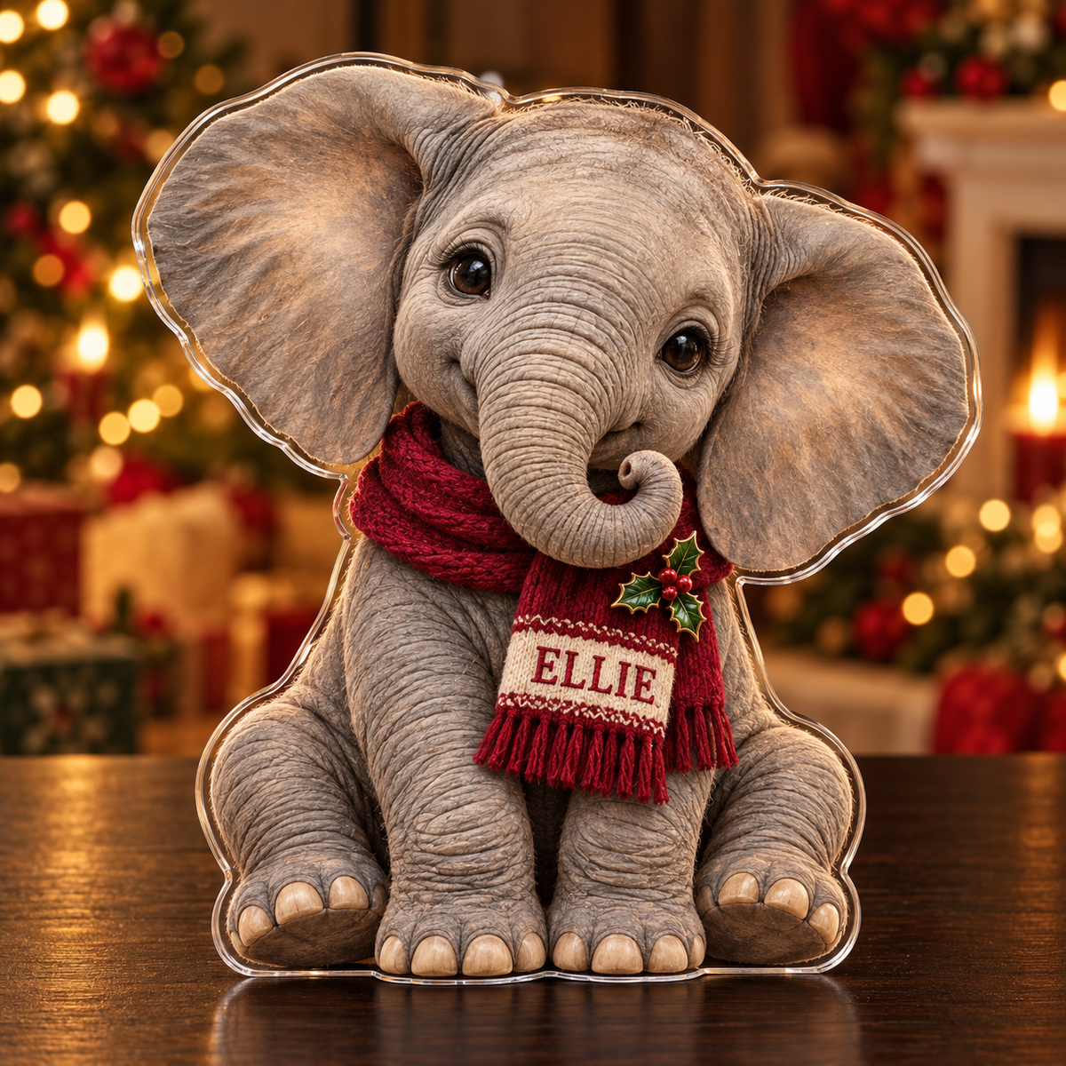Front-view digital preview of a Christmas baby elephant acrylic plaque with example name ELLIE integrated into the woven scarf patch