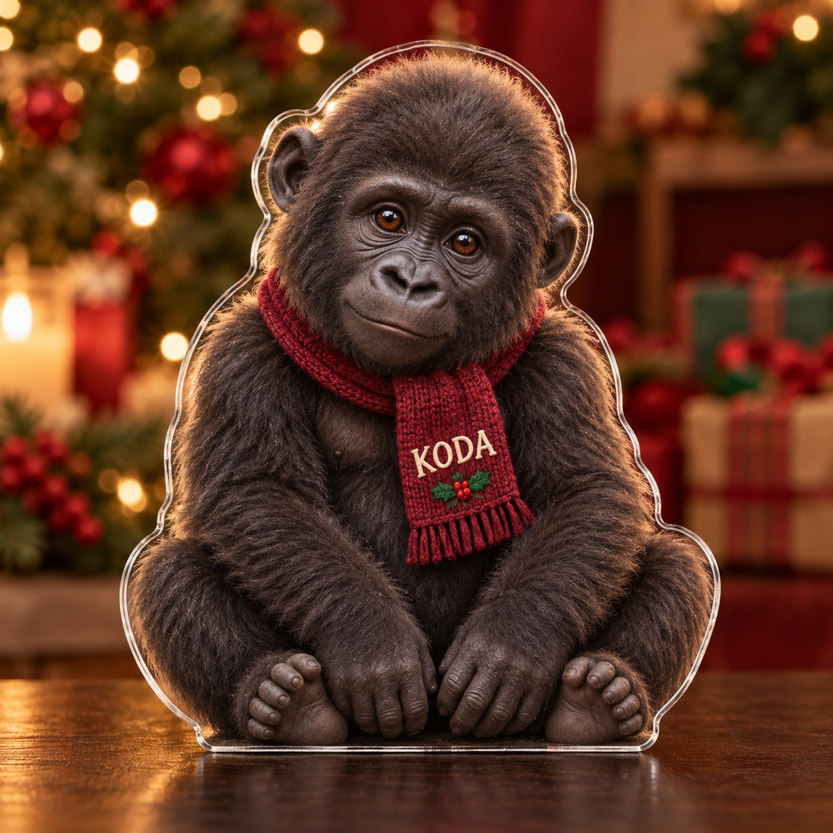 Front-view digital preview of a Christmas baby gorilla acrylic plaque with example name KODA integrated into the front scarf name panel