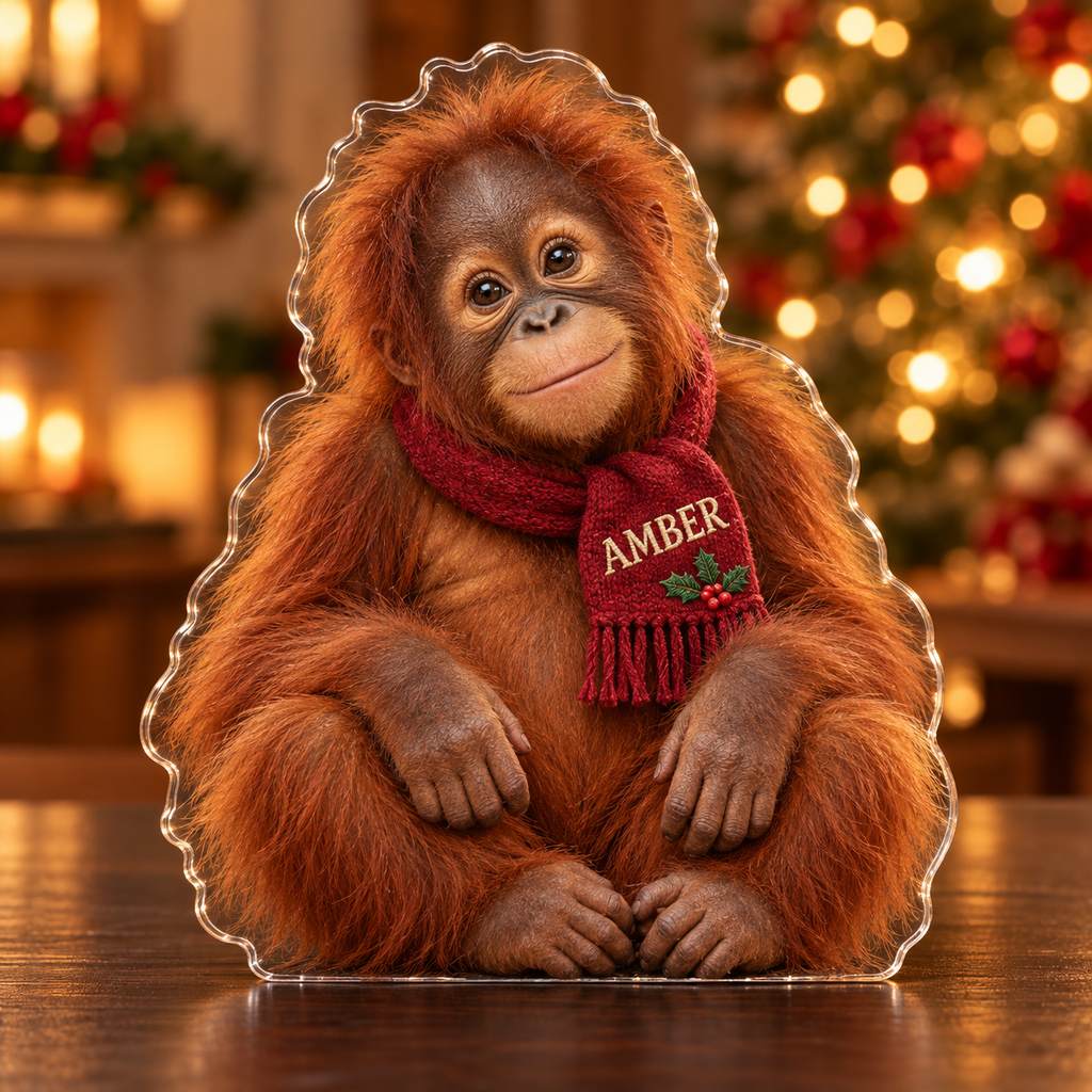 Front-view digital preview of a Christmas baby orangutan acrylic plaque with example name AMBER integrated into the scarf embroidered-look name panel